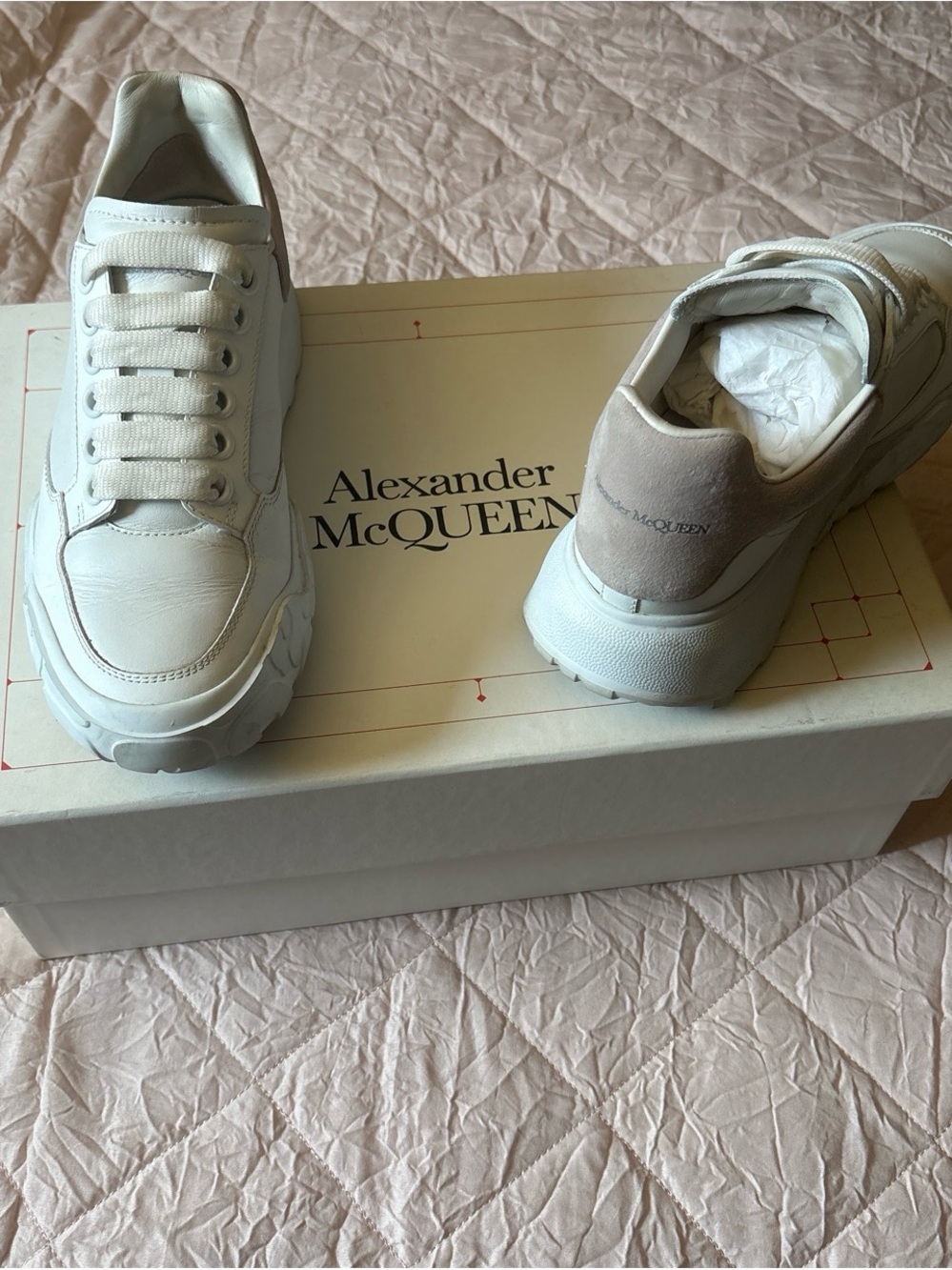 Alexander McQueen White Leather Sneakers with Beige Suede Heel